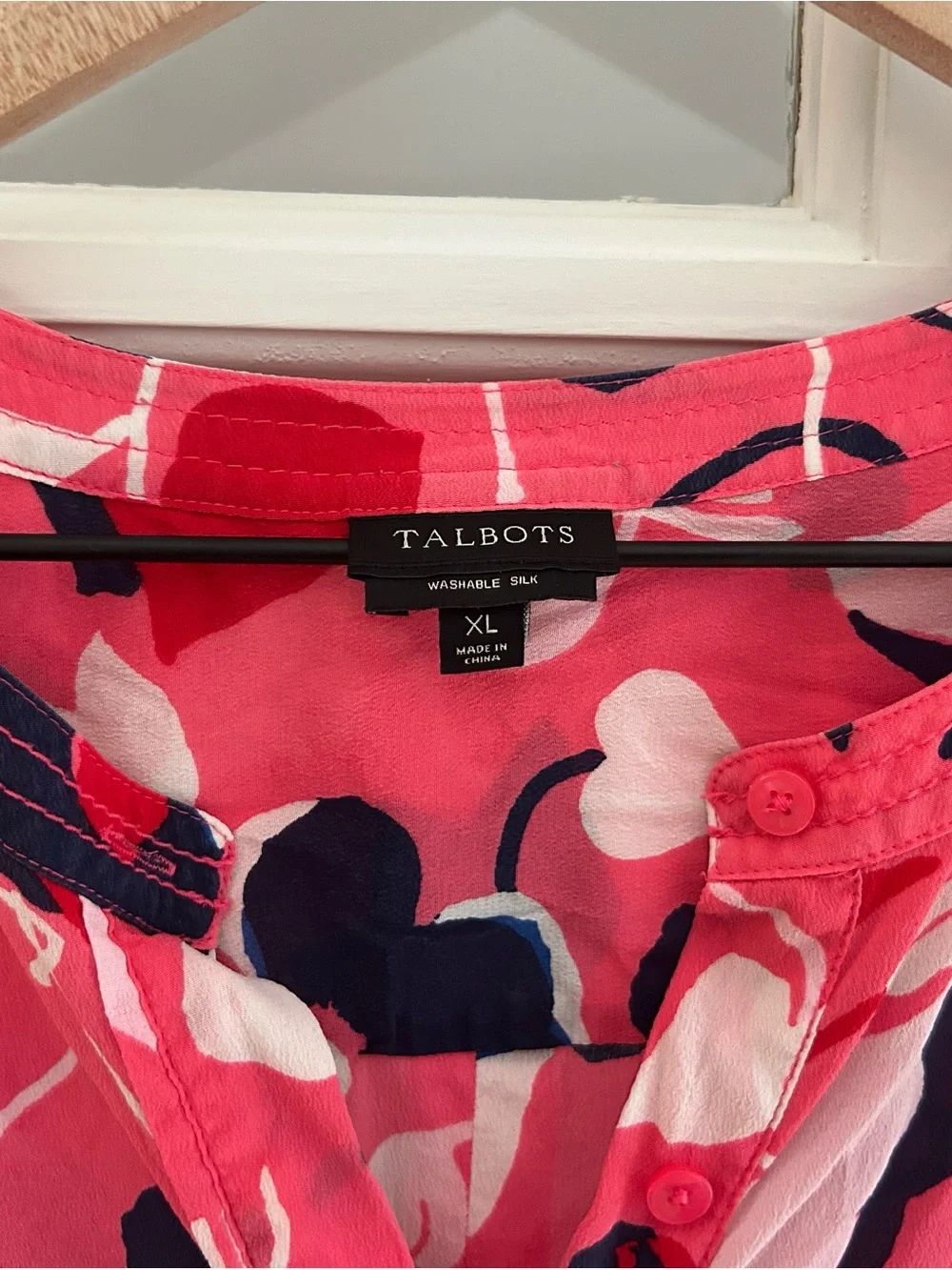 Talbots Pink Floral Popover Blouse with Navy Accents